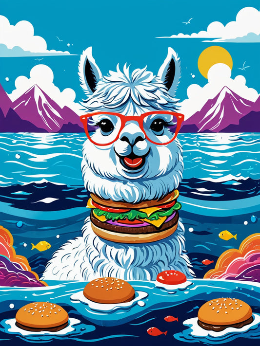 Lama mit Burger und Sonnenuntergang